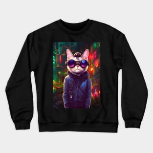 Techno Cat In Japan Neon City Crewneck Sweatshirt